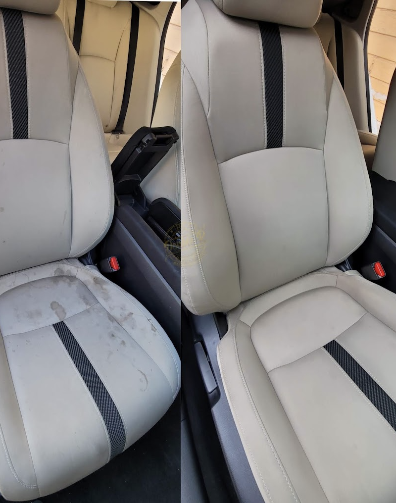 Before and after of a stained light leather car seat restored to clean