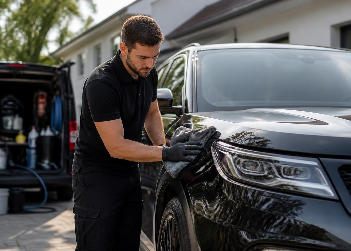 Mobile car detailer hand-drying a black SUV in a San Francisco driveway beside a fully equipped detailing van